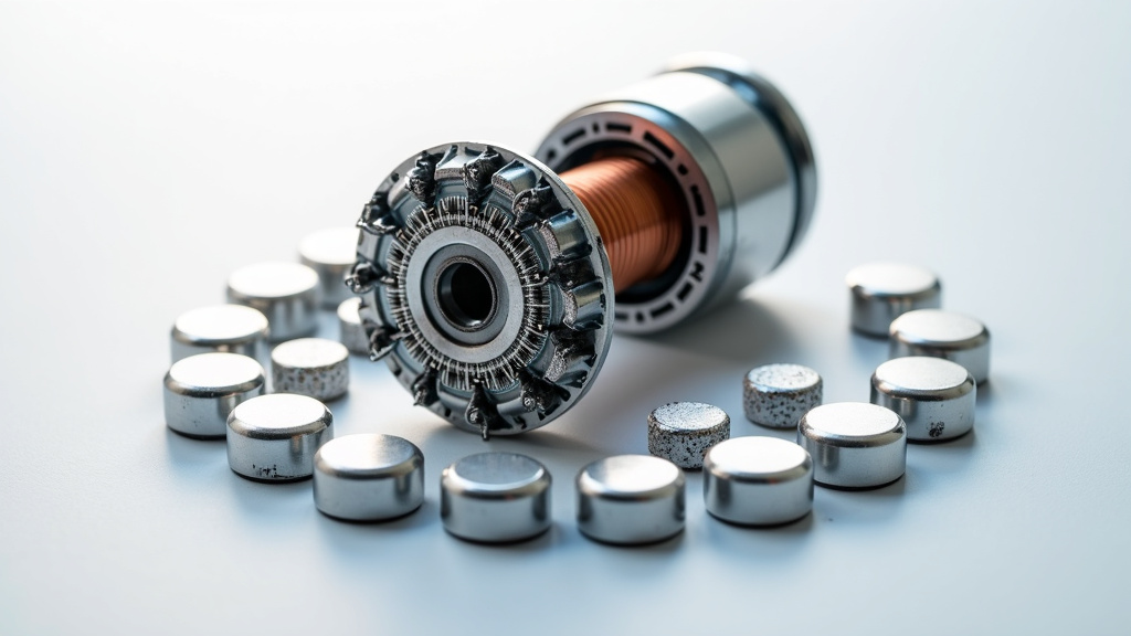 Disassembled electric vehicle motor with neodymium magnets on a white surface