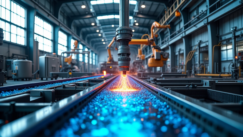 A high-definition image of a futuristic industrial recycling facility with glowing blue plasma arcs and flowing molten metal.