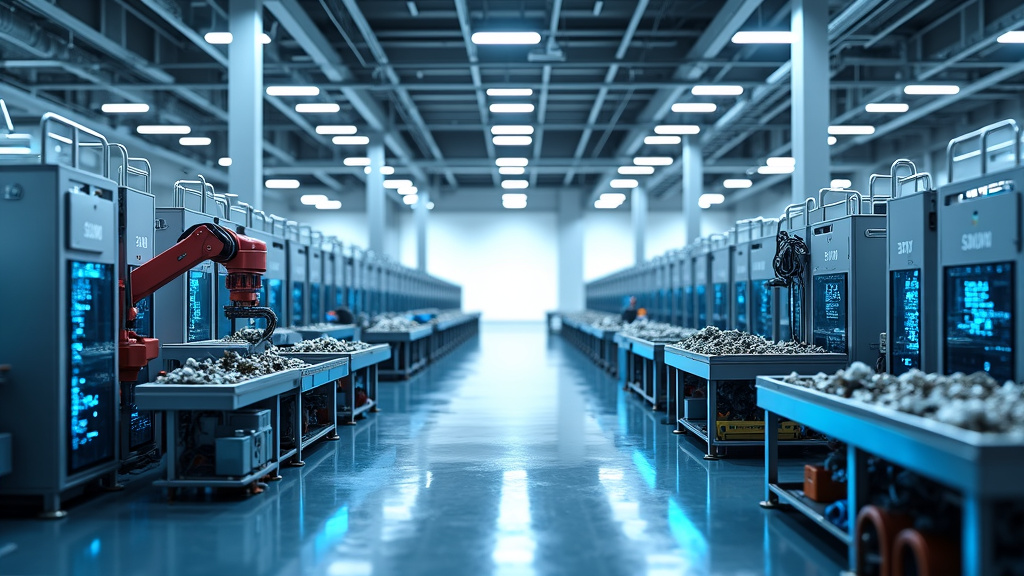 A futuristic recycling facility interior with automated sorting machines and a robotic arm handling circuit boards.