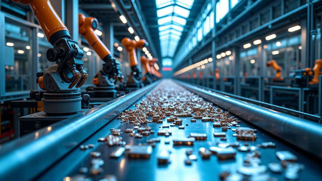 A sophisticated recycling facility interior with robotic arms sorting metal pieces on a conveyor belt under blue LED lighting.