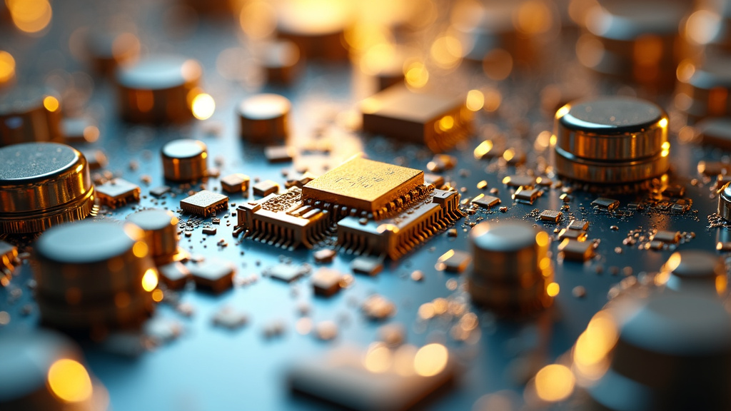 Close-up shot of various gleaming metal pieces on an industrial surface