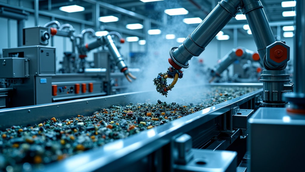 A high-tech industrial recycling facility interior featuring robotic arms and metal processing equipment.