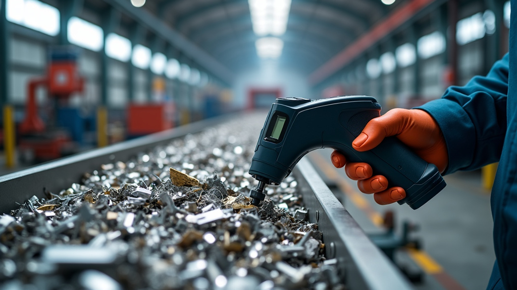 A modern interior of a metal recycling facility with an advanced XRF analyzer scanning metal materials.