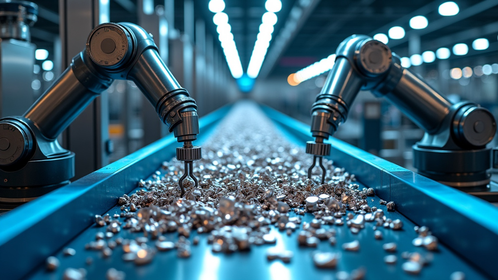 Interior of a high-tech recycling facility with robotic arms sorting metals illuminated by LED lights.