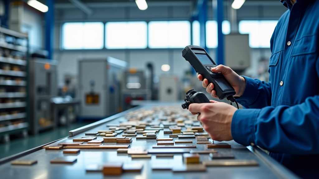 Modern industrial facility interior showcasing stainless steel machinery and an XRF analyzer scanning specialty metal scrap.