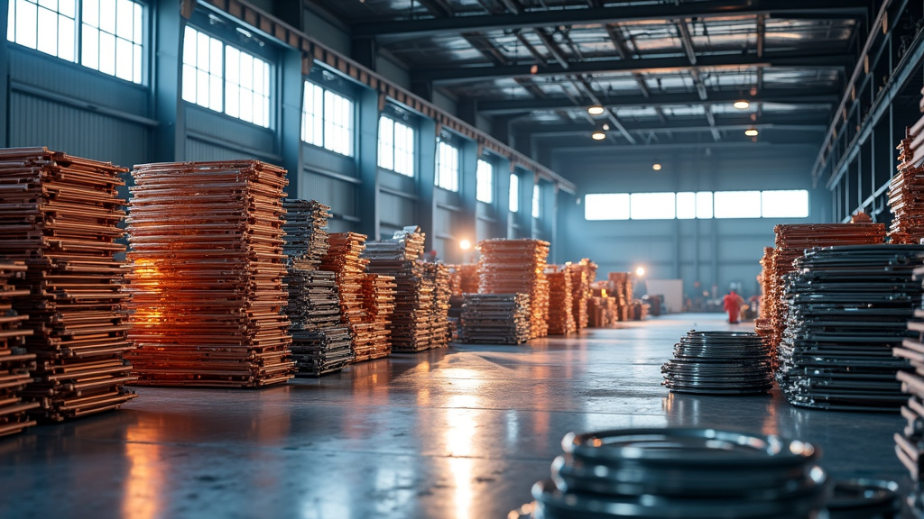 A photorealistic image of an industrial recycling facility with metallic materials and organized piles of metals.