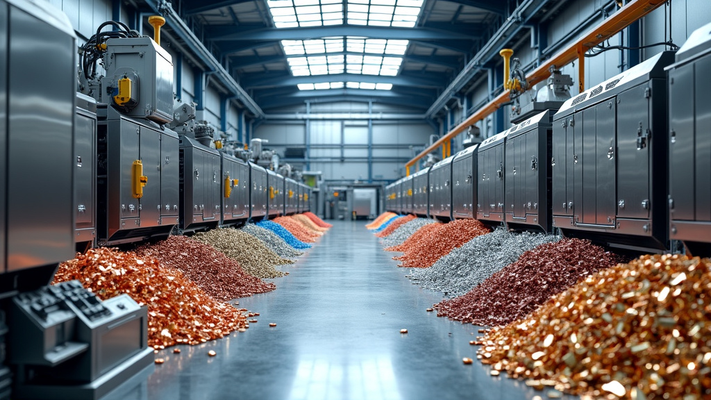 A modern industrial recycling facility interior with sorted metals and robotic sorting arms illuminated by natural light.