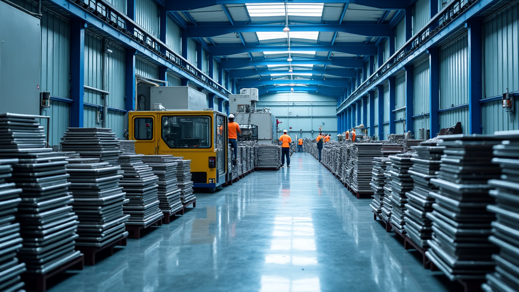 A modern recycling facility interior with metal processing equipment and sorting machines.