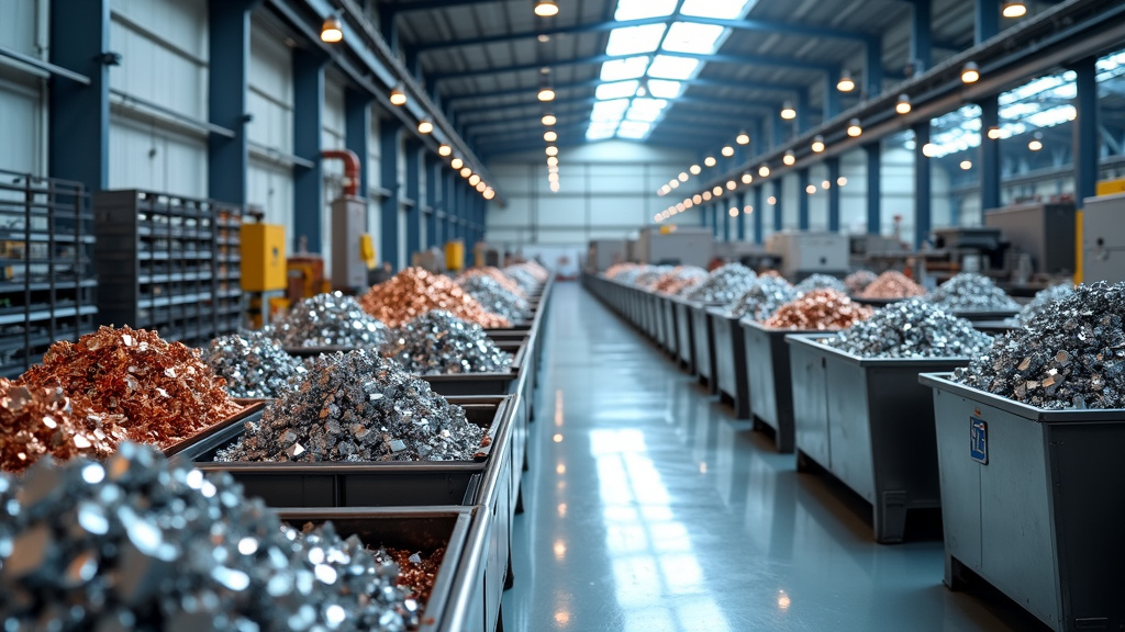 A pristine industrial recycling facility interior showcasing organized metallic sorting bins filled with specialty metals and modern equipment under bright lighting.