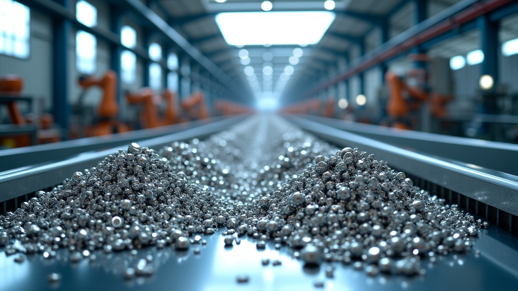 A photorealistic view of an industrial recycling facility interior filled with sorted nickel components and materials in metallic shades, featuring stainless steel conveyor belts and advanced recycling machinery.