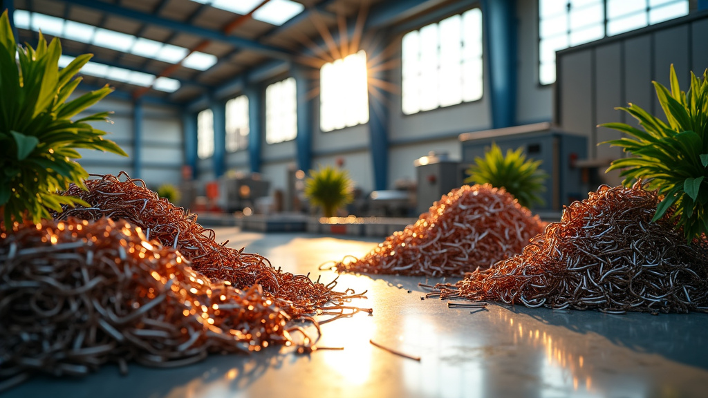 A photorealistic industrial scene showing organized piles of recycled metal materials with sunlight streaming through large windows.