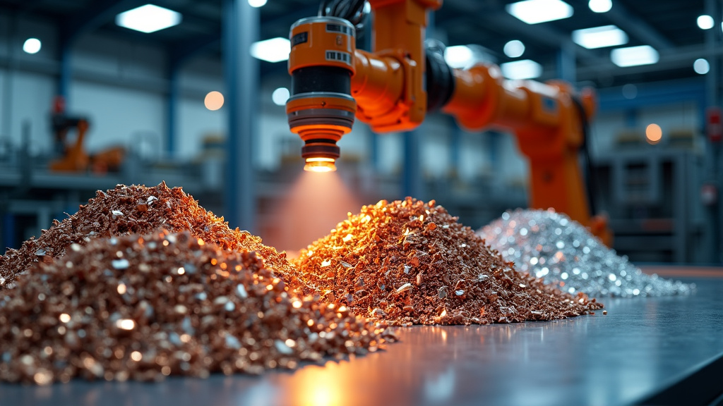 Photorealistic industrial scene showing gleaming piles of sorted specialty metals in a high-tech recycling facility.