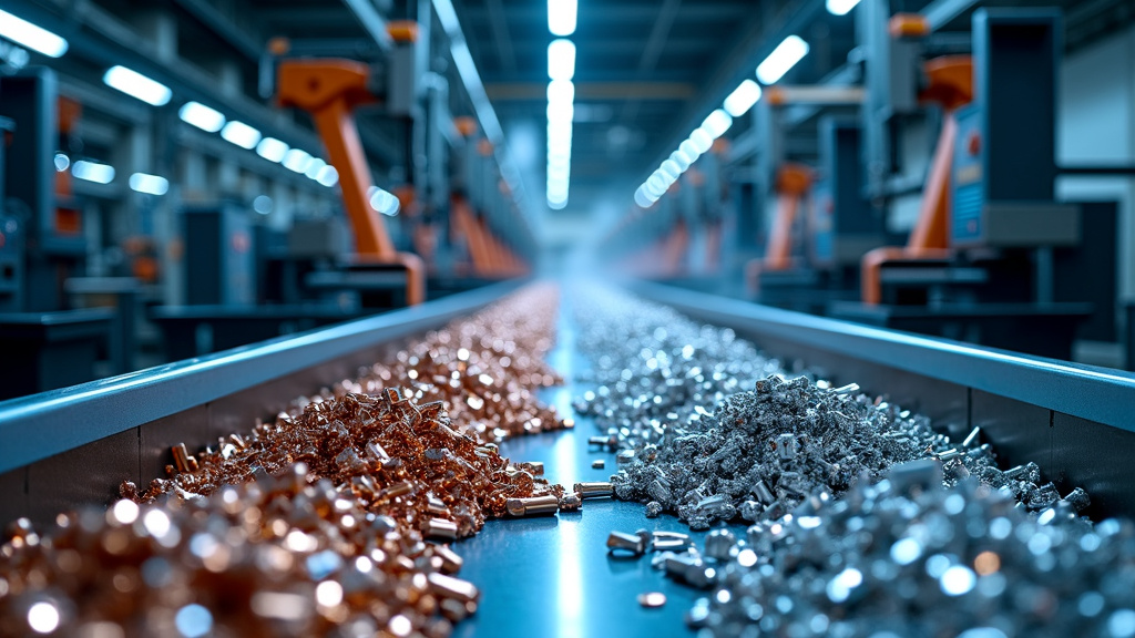 Interior view of a modern metal recycling facility with robotic arms sorting metals on a conveyor belt.