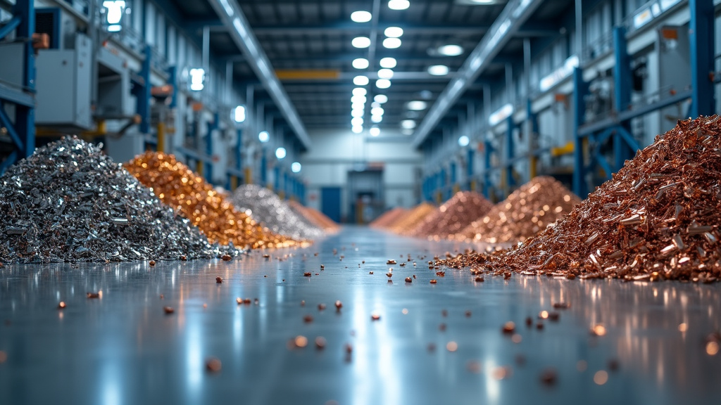 Interior of a modern metal recycling facility featuring robotic sorting arms and metallic piles under industrial lighting.