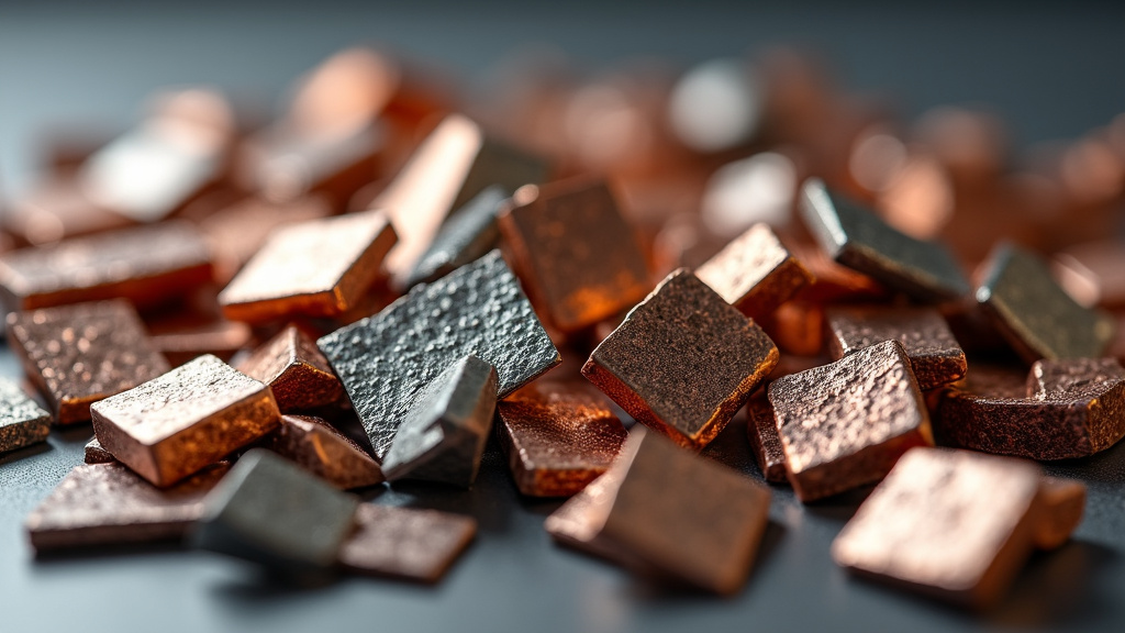 Close-up photorealistic shot of gleaming metal scrap pieces featuring various industrial alloys in copper, silver, and titanium tones.