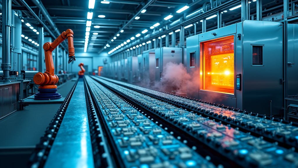 A pristine, modern industrial facility interior featuring advanced recycling production machinery with blue-tinted LED lighting and robotic arms handling circuit boards.