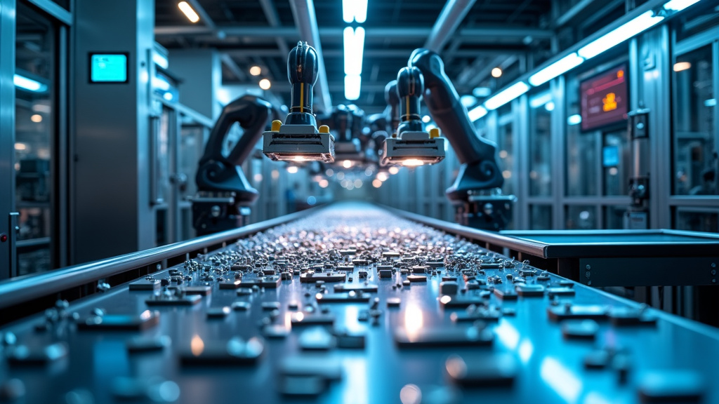 A modern industrial laboratory with robotic arms sorting metal scraps on a conveyor belt with blue LED lighting.