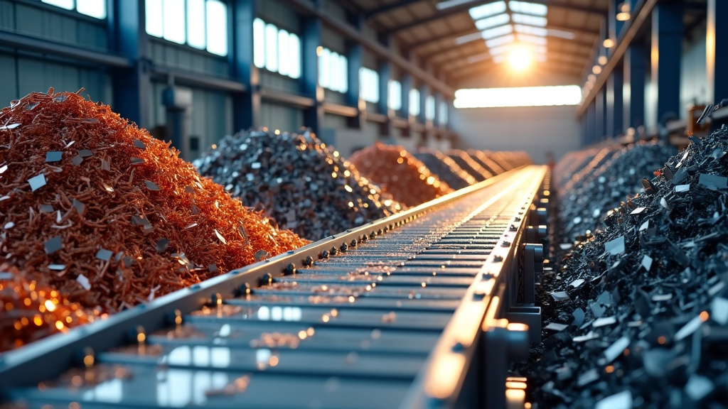 A modern recycling facility interior showcasing sorted metal piles and robotic sorting arms under natural light.