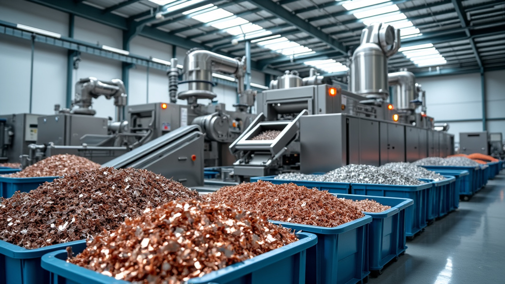 A sunlit industrial recycling facility showcasing advanced machinery and organized bins of sorted metals.