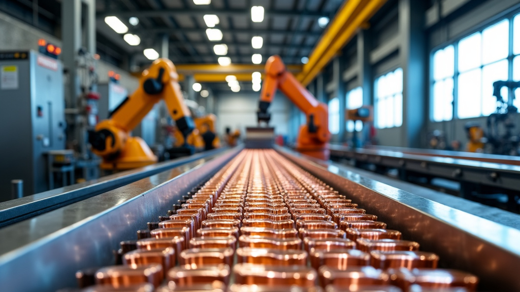 Interior of a modern industrial recycling facility with sorted metals and robotic arms