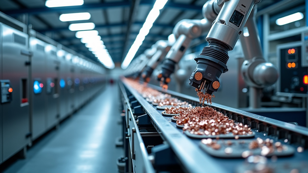 A modern industrial recycling facility interior with advanced metal processing equipment and robotic sorting arms handling electronic components.