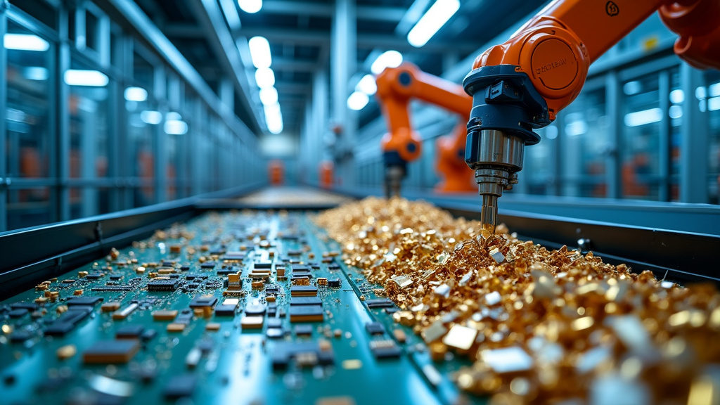 Interior of a high-tech industrial recycling facility with stainless steel machinery and sorted electronic components.