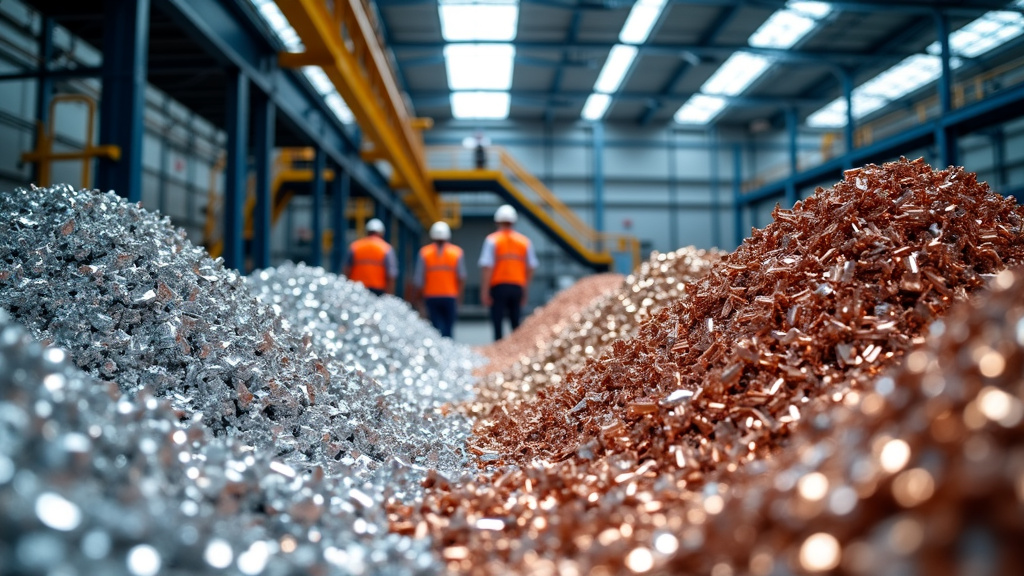 Interior of a modern industrial recycling facility with sorted aluminum and copper.