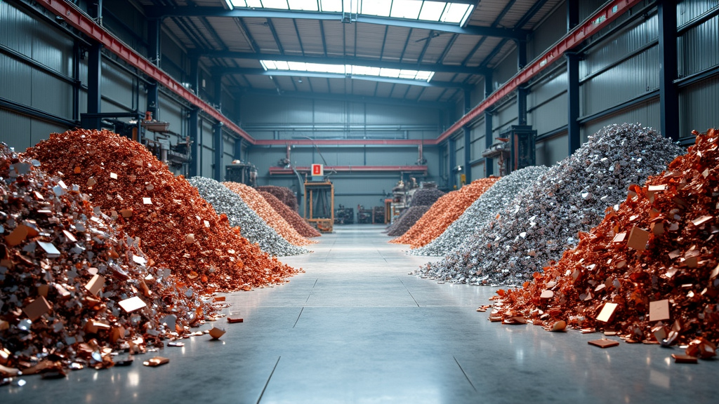 Interior shot of a modern recycling facility with sorted metal piles and machinery