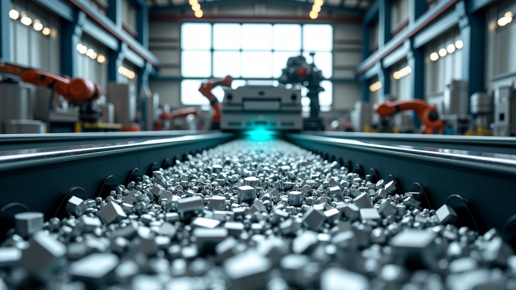 A modern industrial recycling facility interior with stainless steel machinery processing nickel scrap materials under high windows.