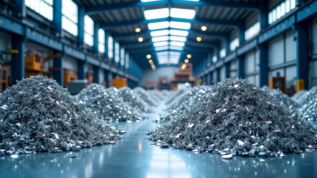 Interior shot of a modern industrial recycling facility showing sorted copper and aluminum metals in dramatic lighting.