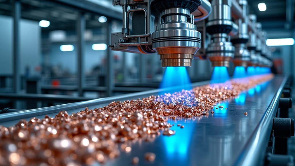 A modern metal recycling facility with robotic arms and sorting machinery in action.