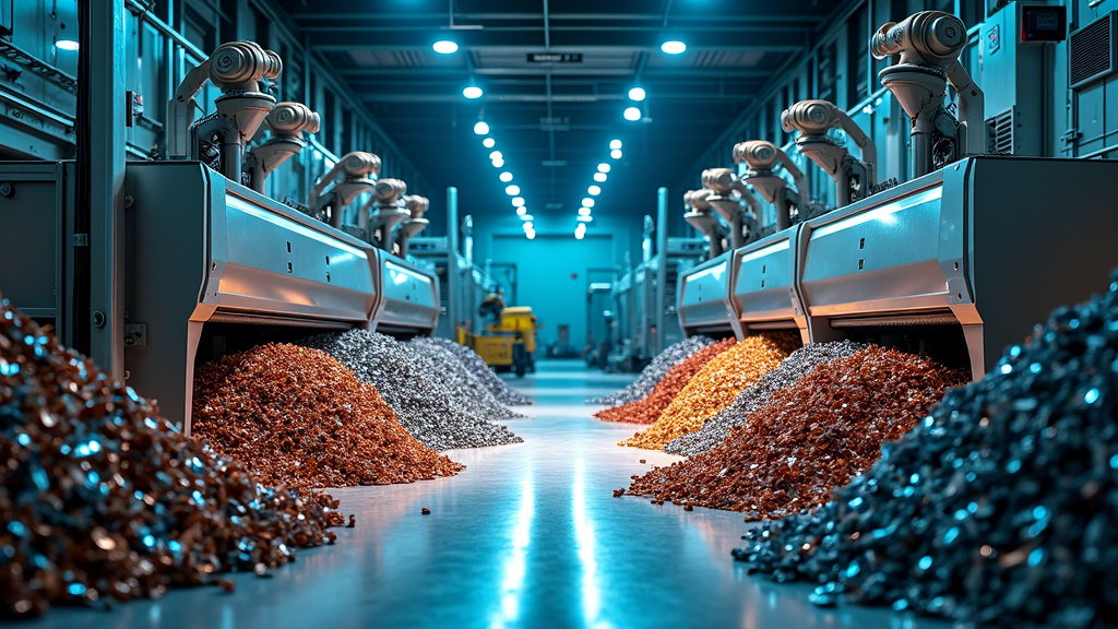 A modern high-tech recycling facility interior with sorting machinery and glowing separators.