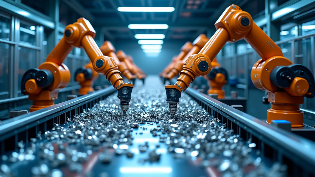 A modern, high-tech recycling facility interior with robotic arms sorting shiny metal pieces on a conveyor belt.