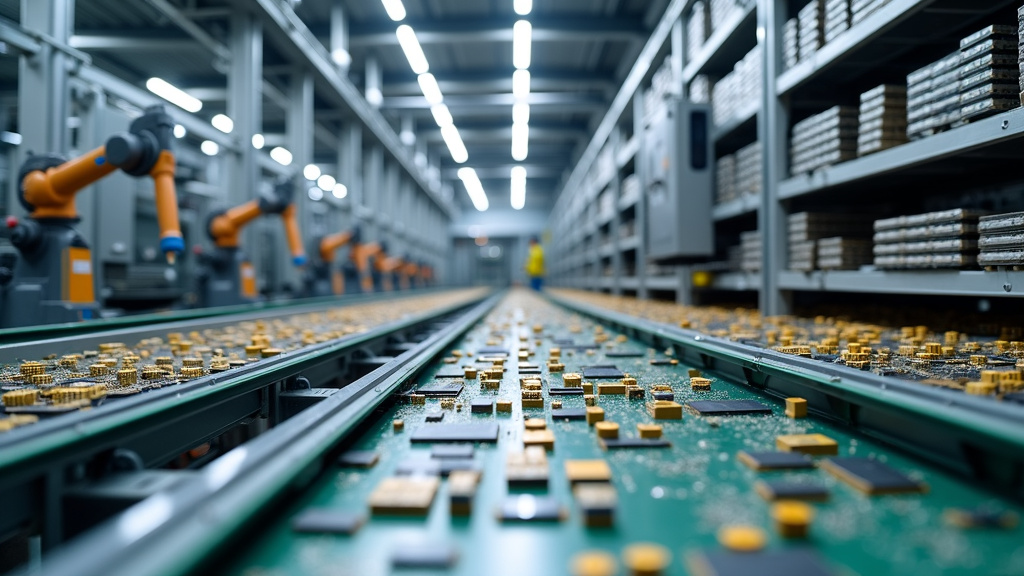 A modern recycling facility with robotic sorting arms and organized electronic components.