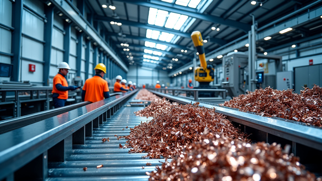 Interior of a modern recycling facility with advanced robotic sorting and natural light.