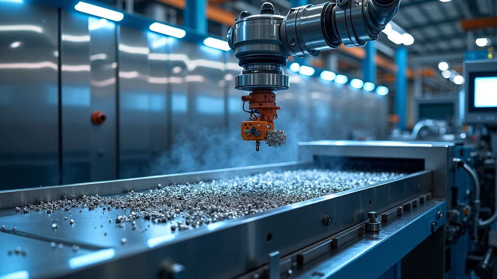 A modern, high-tech recycling facility interior featuring stainless steel machinery and a robotic sorting arm handling metallic materials.