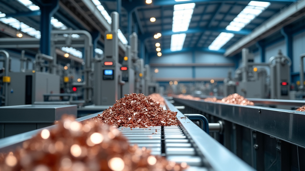 Professional photograph of a modern, high-tech metal recycling facility interior with robotic sorting arms and organized metallic materials.