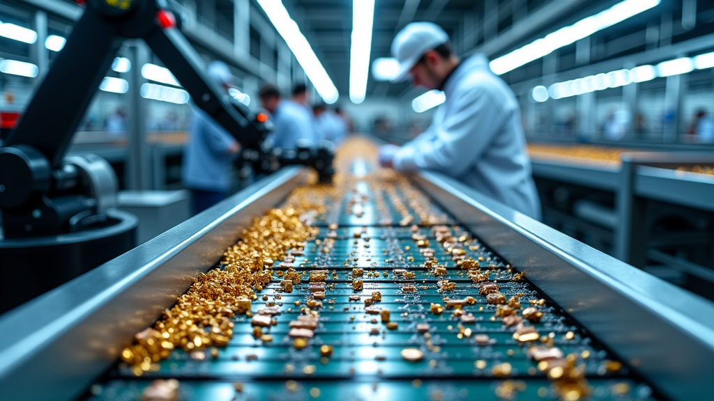 A modern recycling facility with conveyor belts sorting electronic components under blue-white lighting.