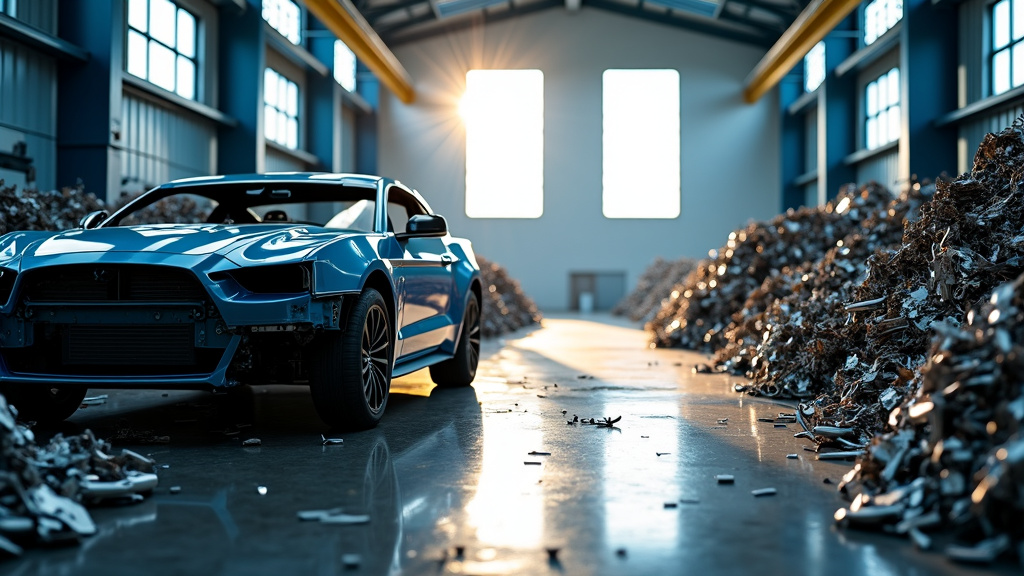 Photorealistic shot of a modern recycling facility with a partially dismantled car and sorted metal components.