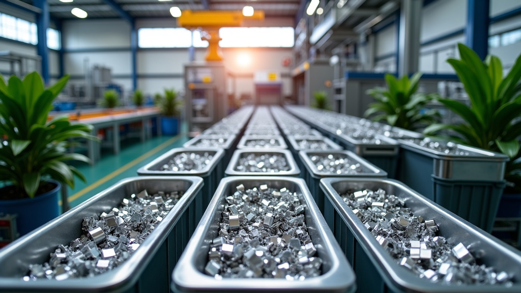 A modern recycling facility interior with organized rows of nickel scrap metal and industrial sorting machines.