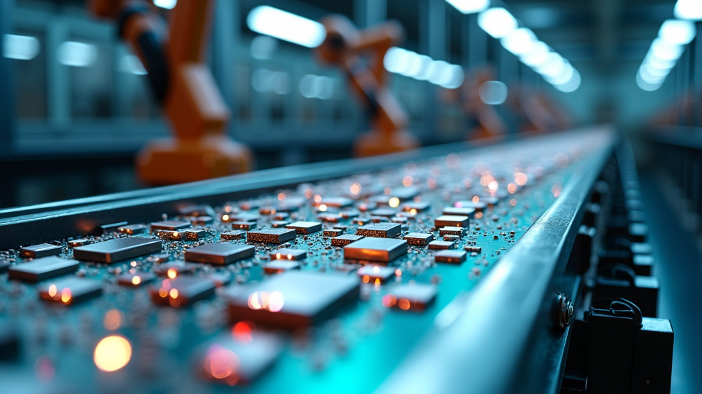 Close-up shot of metallic rare earth elements being sorted on a recycling conveyor with robotic arms in a modern facility.