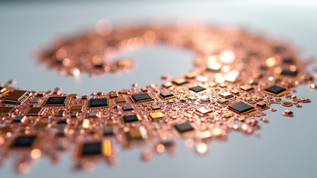 A sleek, professional photo of rare metal recycling showing iridescent copper and gold-tinted electronic components in a spiral pattern against a white background.