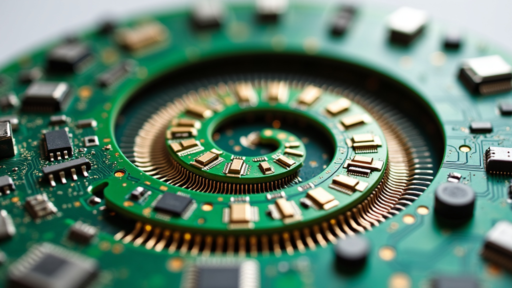 A close-up photorealistic shot of recycled circuit boards and electronic components arranged in an artistic spiral pattern.