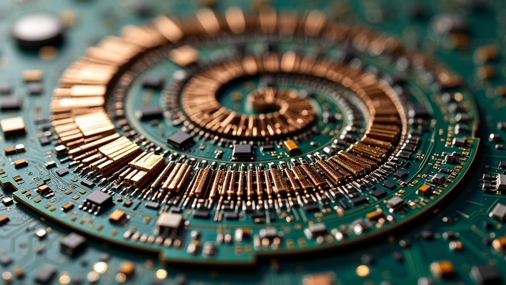 A close-up of recycled circuit boards and electronic components arranged in a spiral pattern, showcasing various metallic textures and patinas.