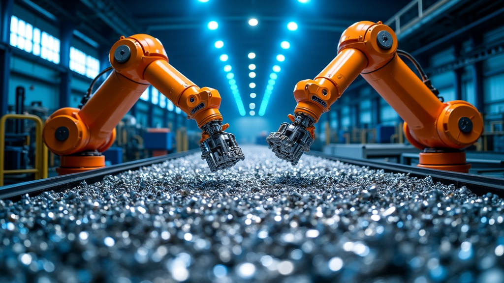 A professional shot of two robotic arms in a metal recycling facility handling shiny recycled metal pieces with dramatic lighting.