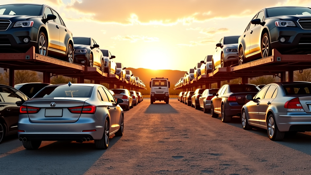 A well-composed shot of a rustic auto salvage yard at golden hour, featuring stacked cars with sunlight glinting off their surfaces.