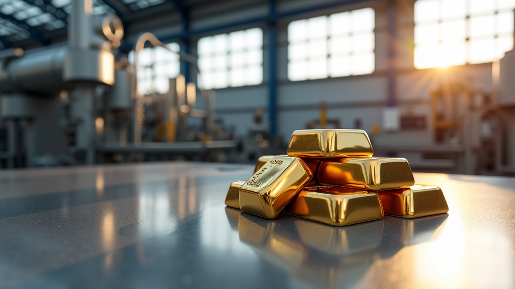 A close-up view of shimmering recycled metal ingots in silver, copper, and gold tones arranged on a clean industrial surface with reflections.