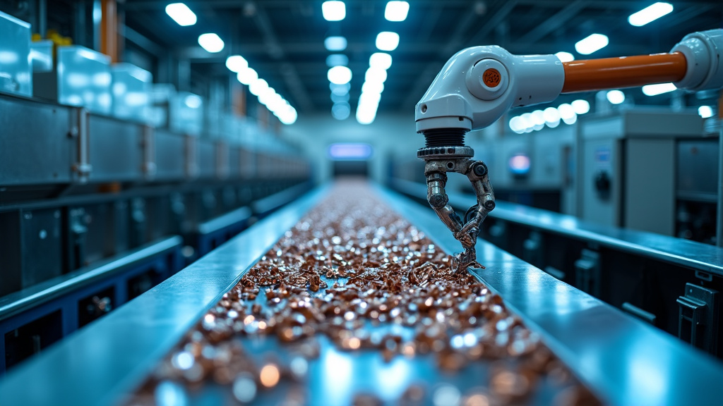 Interior of a high-tech industrial recycling facility with a robotic arm sorting metal pieces on a conveyor belt under blue-white LED lighting.