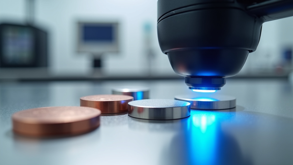 Close-up of various specialty metal samples on a polished stainless steel surface in a laboratory.