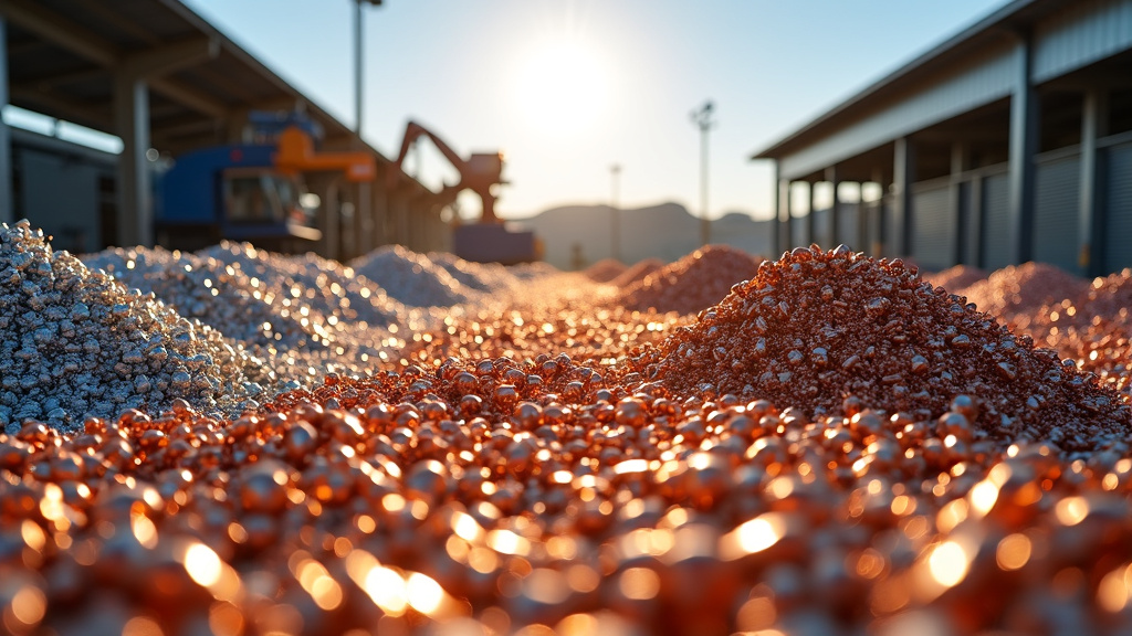 A sunlit industrial recycling facility with gleaming piles of sorted specialty metals in various colors.